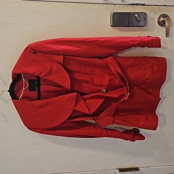 Banana Republic Red Linen Blend Ruffle Collar  Belted Trench Coat M NWOT - Picture 4 of 9